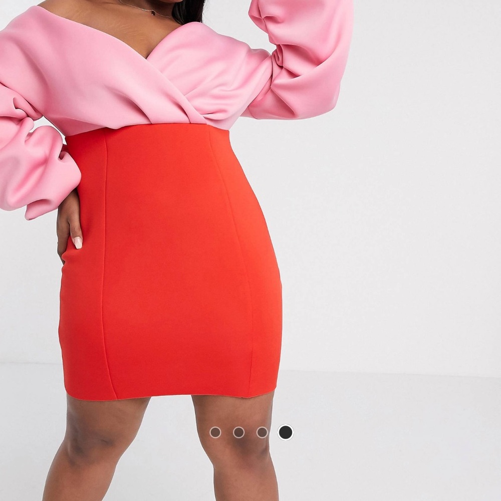 Curve fallen shoulder pleated puff sleeve pencil contrast mini dress